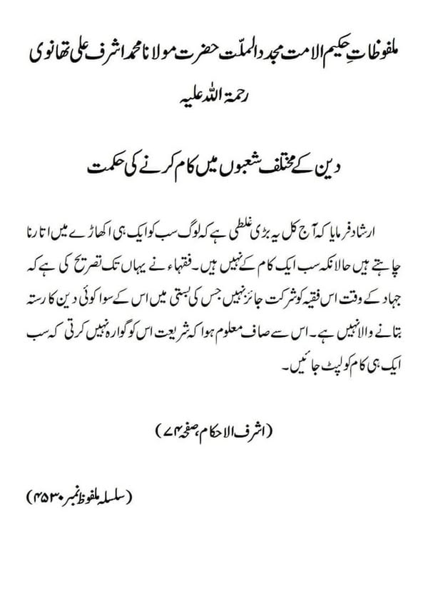 دین کے مختلف شعبوں میں کام کرنے کی حکمت