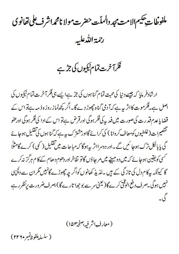 فکر آخرت تمام نیکیوں کی جڑ ہے