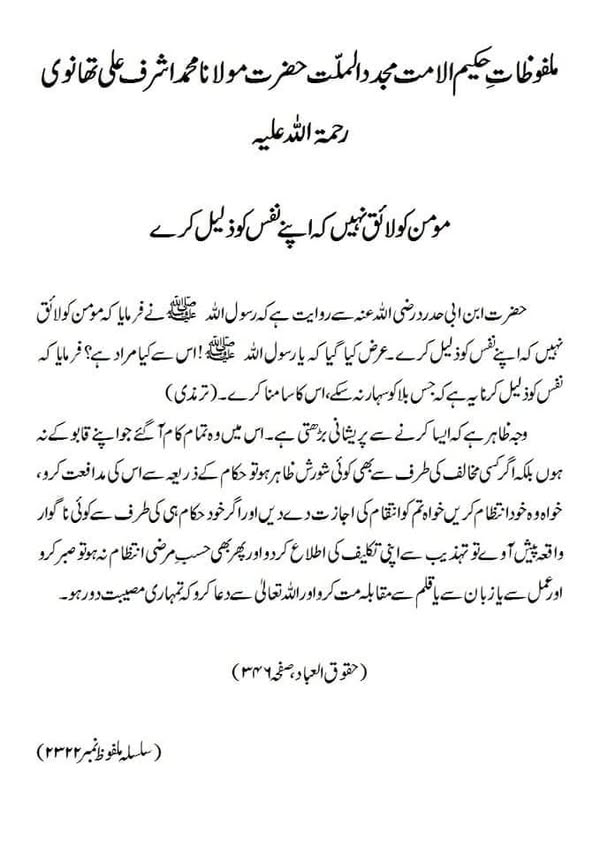 مومن کو لائق نہیں کہ اپنے نفس کو ذلیل کرے مومن کو لائق نہیں کہ اپنے نفس کو ذلیل کرے